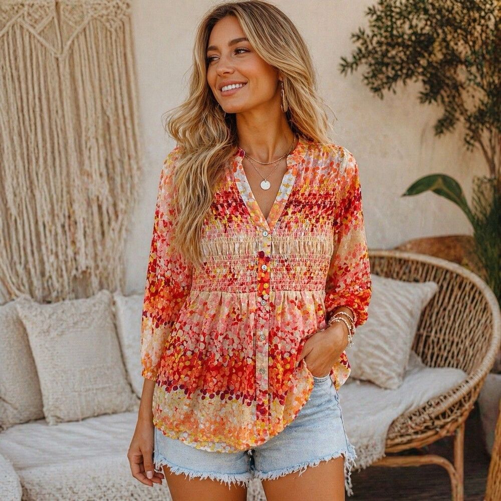 Hope Springs Womens S Boho Peasant Blouse Sheer Smocked Floral Top